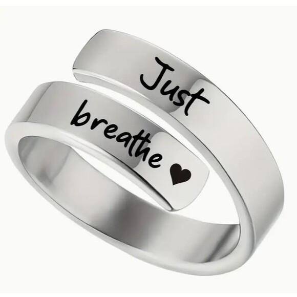 Stainless Steel Carved JUST BREATH Heart Adjustable Ring - Picture 1 of 6
